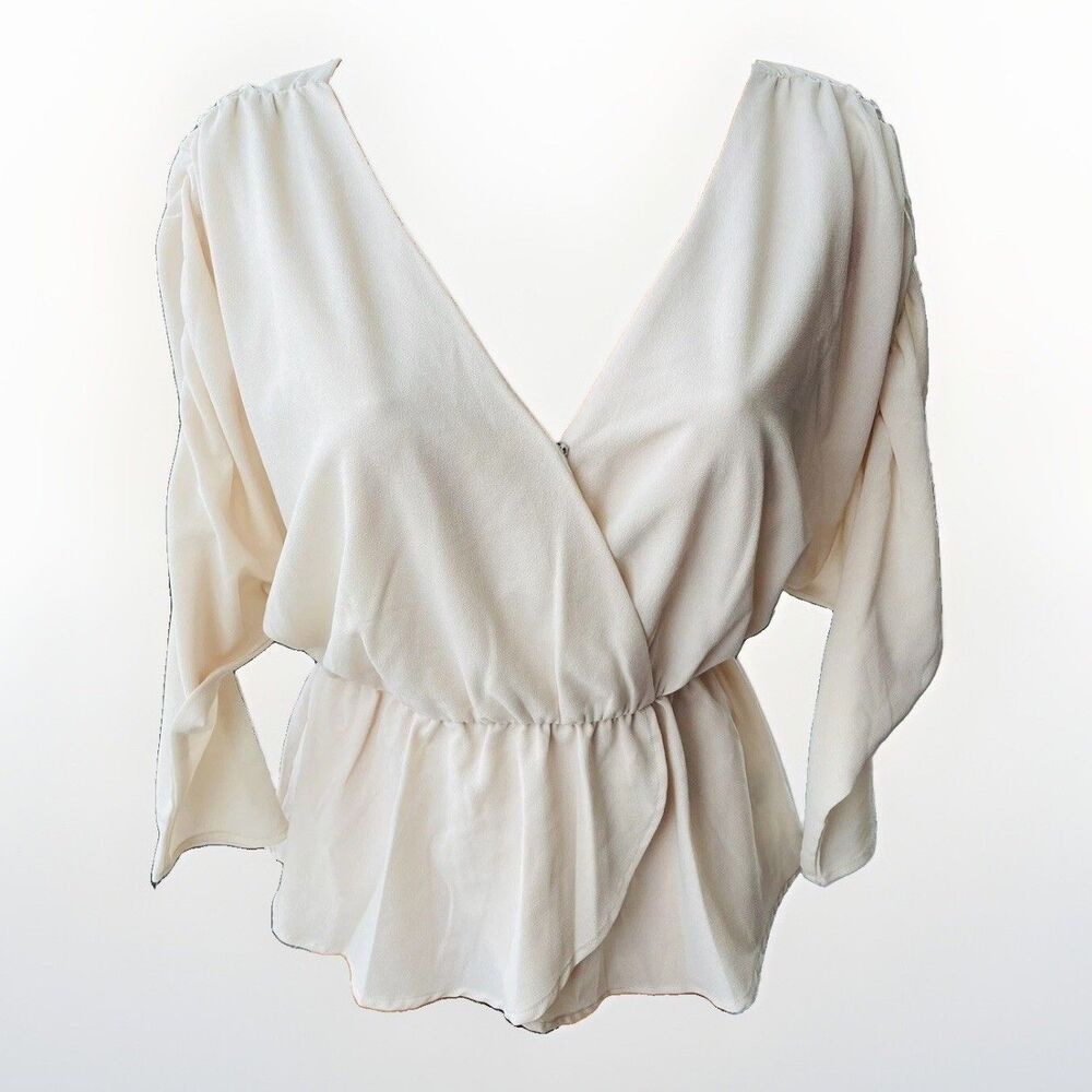 Jealous Tomato Ivory Ruched Blouse Size S V-Neck Chic Glam Shirt Crepe